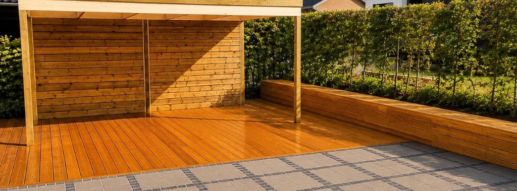 Pergola i træ med træterrasse og belægning